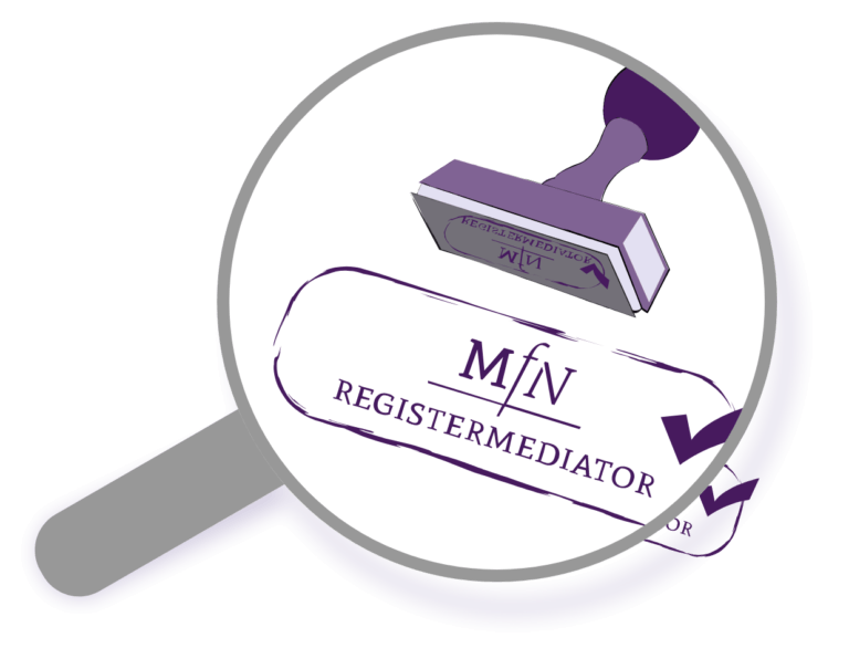 Loep afbeelding van de stempel van de Mediators Federatie van Nederland, ook wel de MFN genoemd.